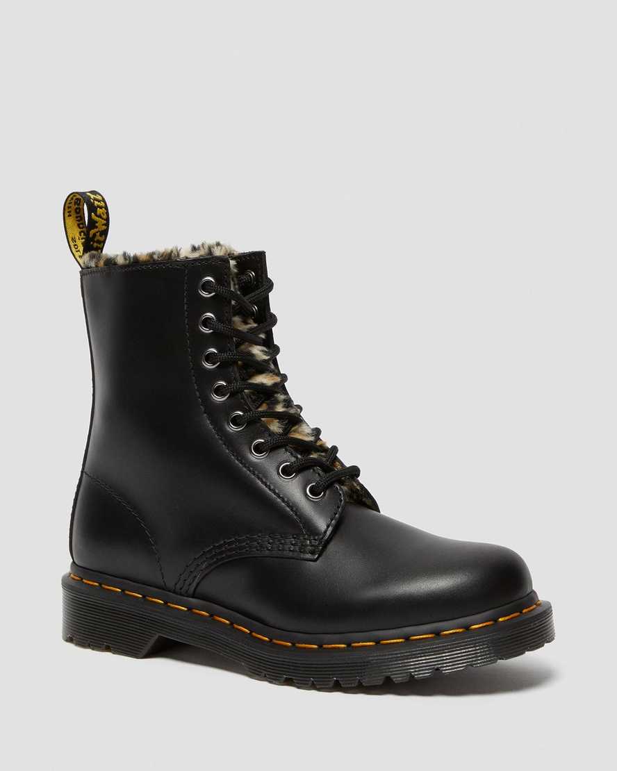 botas negras dr martens 1460 serena con forro de piel sintética de leopardo para mujer