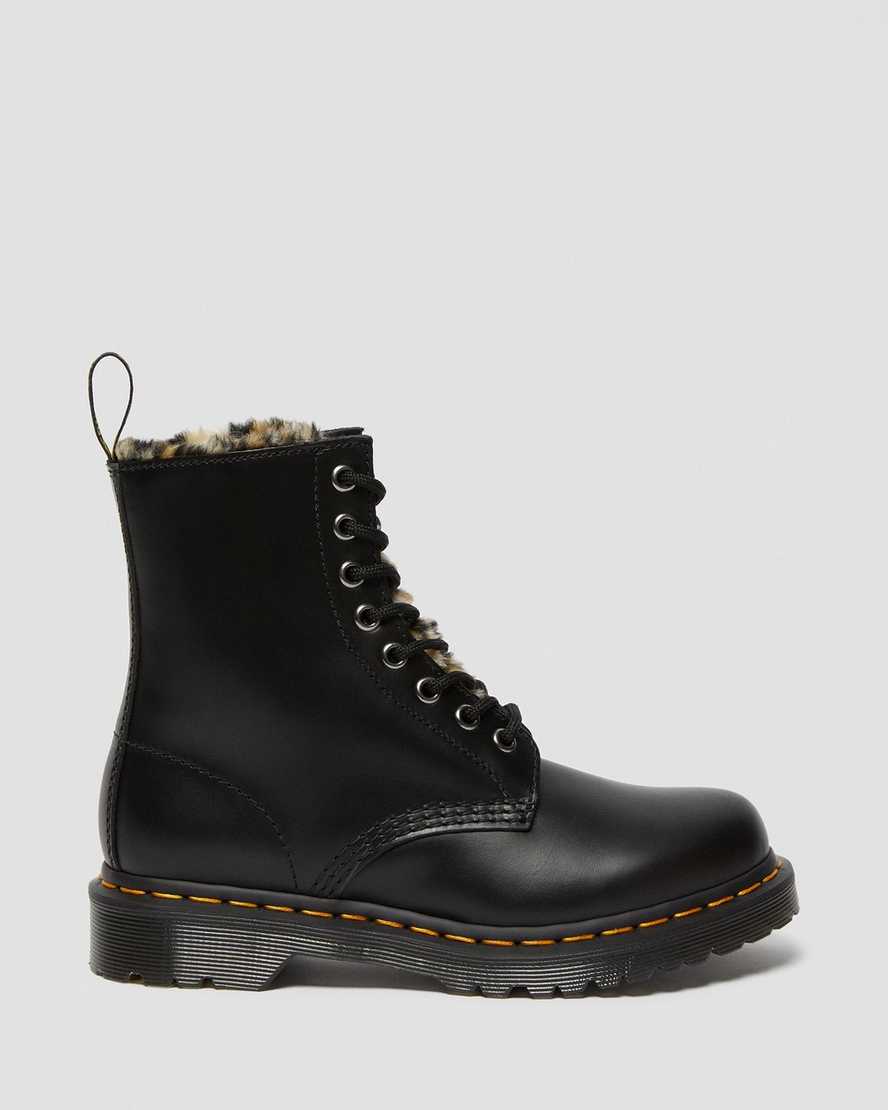 botas negras dr martens 1460 serena con forro de piel sintética de leopardo para mujer