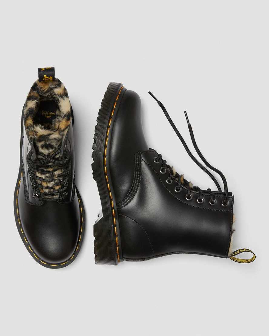 botas negras dr martens 1460 serena con forro de piel sintética de leopardo para mujer