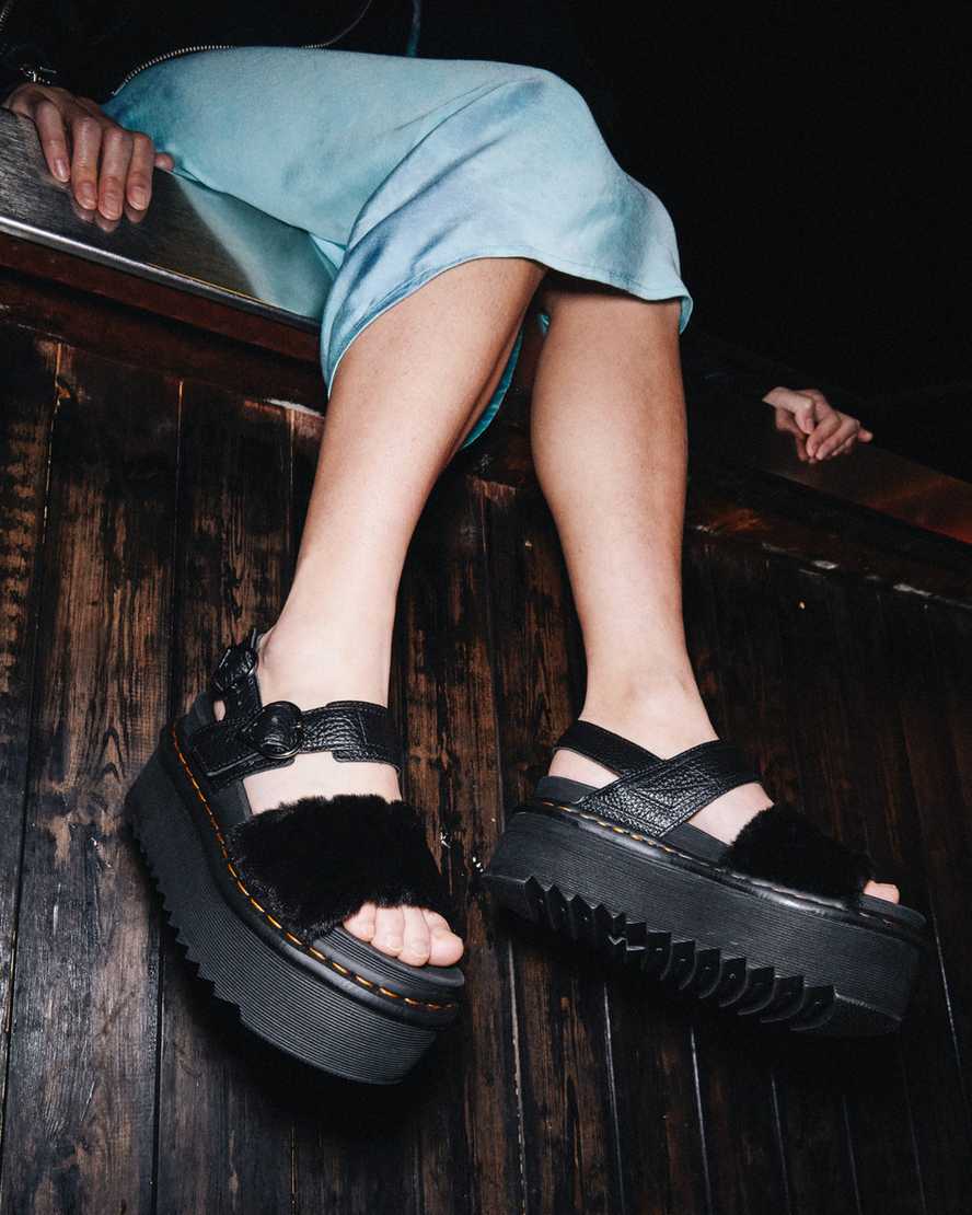 sandalias de plataforma negras dr martens voss fluffy faux fur para mujer